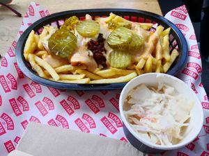 Chips with "bacon" and coleslaw at Temple of Seitan - Camden in North West London