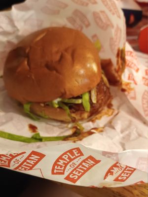 Gorgeous burger and wonderful atmosphere and theme at Temple of Seitan - Camden in North West London