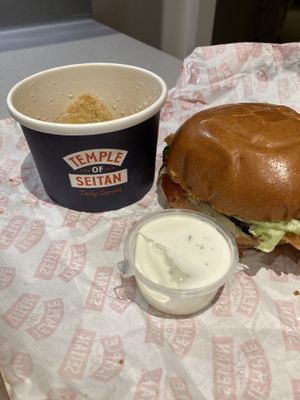 Garlic Parmesan chicken burgers, and temple tots  at Temple of Seitan - Camden in North West London
