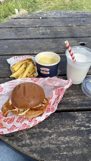Burger, fries, cheese sauce, vanilla shake  at Temple of Seitan - Camden in North West London
