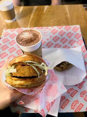 Temple burger 💚 + hot chocolate + Oreo cookie at Temple of Seitan - Camden in North West London