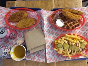 loaded fries, waffles with syrups and nuggets, 2 kinds of filets and sauce + soft drinks. at Temple of Seitan - Camden in North West London