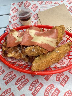 Yum! - Chicken waffles with maple Sirup and salted butterr  at Temple of Seitan - Camden in North West London