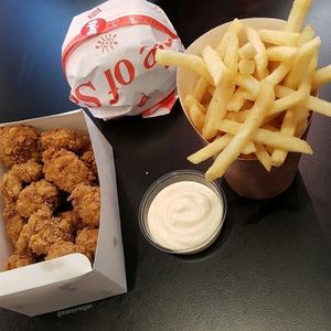 Popcorn bites, chips and burger at Temple of Seitan - Camden in North West London