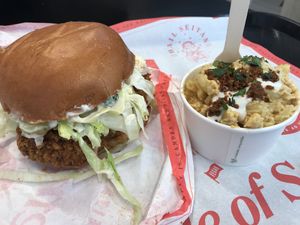 Buffalo chkn’ sandwich and mac and cheese! at Temple of Seitan - Camden in North West London