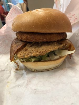 Limited edition tower burger - chicken burger plus a mozzarella patty on top! at Temple of Seitan - Camden in North West London