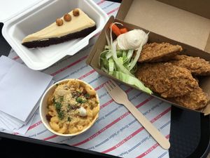 Mac’n’Cheese, Wings and Salted Caramel dessert  at Temple of Seitan - Camden in North West London