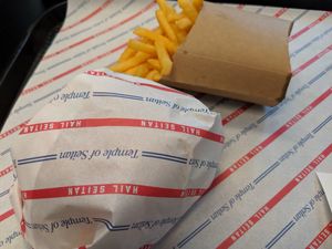 Spicy temple burger and chips at Temple of Seitan - Camden in North West London