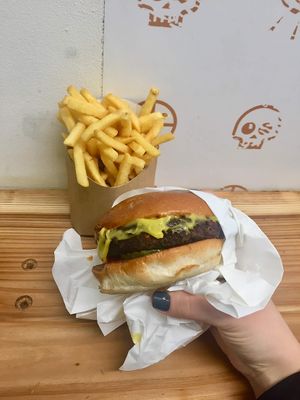 cheeseburger with chips. very reminiscent of a certain fast food chain... super nostalgic! at Temple of Seitan - Camden in North West London