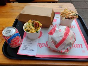 Temple Burger, Regular Coleslaw and Regular Mac n Cheese at Temple of Seitan - Camden in North West London
