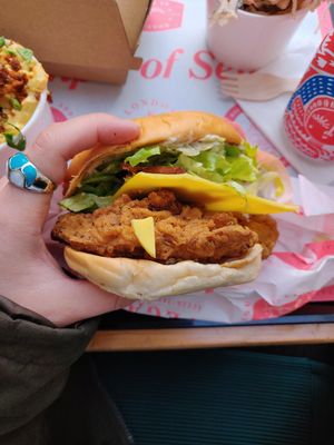 Temple Burger [£8.00] Chick'n Fillet, Ranch Mayo, Bacon, Cheese, Lettuce & Pickles at Temple of Seitan - Camden in North West London