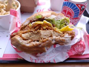 Temple Burger [£8.00] Chick'n Fillet, Ranch Mayo, Bacon, Cheese, Lettuce & Pickles at Temple of Seitan - Camden in North West London