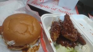 Temple Deluxe Burger and BBQ Wings at Temple of Seitan - Camden in North West London