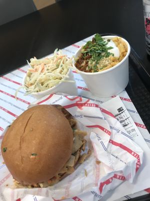 Vegan burger, coleslaw and mac & cheese at Temple of Seitan - Camden in North West London