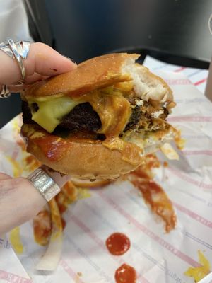 Burnt burger  at Temple of Seitan - Camden in North West London