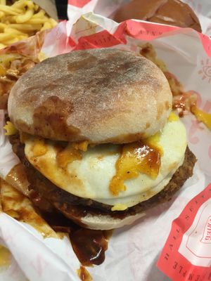 Brekkie burger with vegan fried egg at Temple of Seitan - Camden in North West London