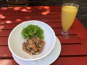 Emma's Buddha Bowl salad and fresh organic juice at Bulaccino Cafe in Nadi