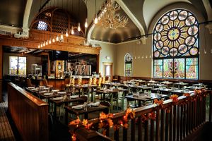 Beautiful stained glass interior.  118 year old former church!  at Salt Springs Brewery in Saline