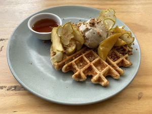 Vegan sourdough waffles   at Small Graces in Footscray