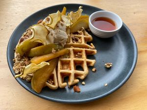 Vegan waffles, apple and homemade vegan icecream   at Small Graces in Footscray