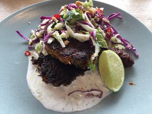 Vegan sweet potato and coconut fritters with Thai style salad at Small Graces in Footscray