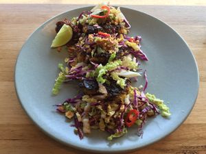 Sweet potato and coconut fritters with Thai style salad  at Small Graces in Footscray
