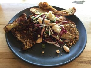 Cauliflowery - roast cauliflower with sourdough toast, apple, radicchio and dill salad and almond feta at Small Graces in Footscray