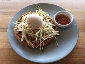 ‘Wapples’ waffle with grated apple and vegan icecream  at Small Graces in Footscray