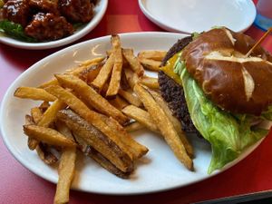 The V good burger--Impossible burger with pretzel bun at Big Lug Canteen in Indianapolis