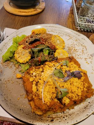 vegan lasagna with (soy based) at Mascabado in Cali