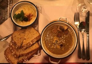 Hummus with toasted bread, and lentil soup at Mascabado in Cali