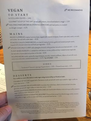 Vegan menu, August 2021 at The Rose and Crown in Kings Langley