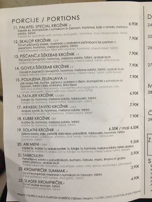 Menu at Abi Falafel in Ljubljana