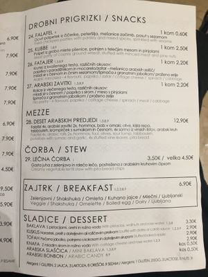 Menu at Abi Falafel in Ljubljana