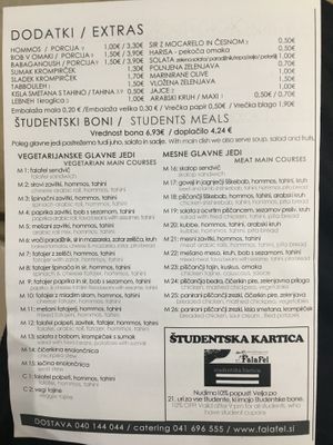 Menu at Abi Falafel in Ljubljana