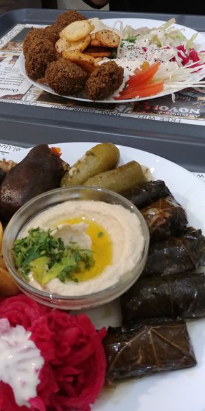 Dolma with hummus and falafels with vegetables. at Abi Falafel in Ljubljana