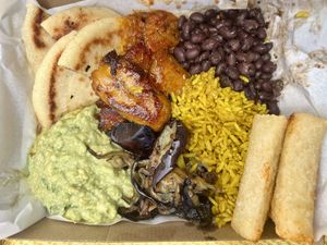 Corrientazo with added fried yuca sticks  at El Indio in Bondi Beach