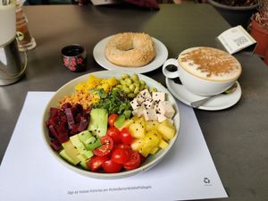 Soy capuchino, tofu poke bowl at Raffi's Bagels - Estefania in Lisbon