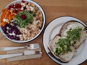 Asian Bowl and homemade cashew cream cheese toast!  at Eight - The Health Lounge in Lisbon