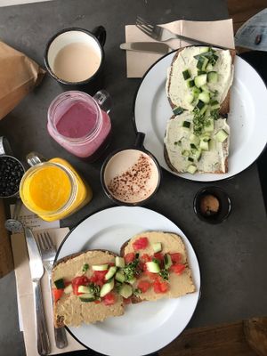 Hummus on toast, vegan cream cheese on toast. Simple yet delicious!! at Eight - The Health Lounge in Lisbon