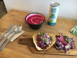 Soup of the day, much room tacos, kefir  at Eight - The Health Lounge in Lisbon