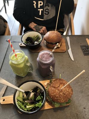 We both ordered burgers, one with tempeh and one with tofu. It comes with salad. Also the soup of the day which was pretty good both times I had a meal in this place.  at Eight - The Health Lounge in Lisbon