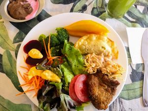 7/3/20 Com estrogonofe de grão de bico e glúten à milanesa. at Botanico Buffet Vegetariano in Porto Alegre