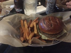 Impossible burger with fries! at Johnny's Blitz in Westmont