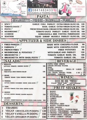 Page 2 MENU - VEGAN options clearly labeled at Bouganville Pizzeria in Ao Nang