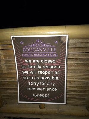 Temporary closed at Bouganville Pizzeria in Ao Nang