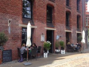 Outdoor seating, also across the street at the river  at Anna's Cafe in Lueneburg