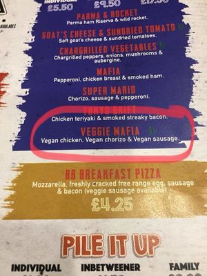 one of the vegan pizzas offered on the menu at Basement Browns in Coventry