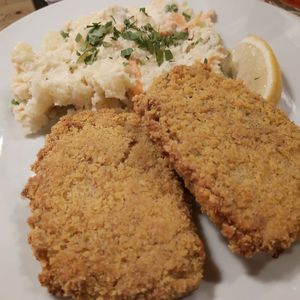 Fried soy slices and potato salad at Střecha in Prague