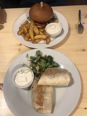 Burger w fries and seitan wrap  at Střecha in Prague